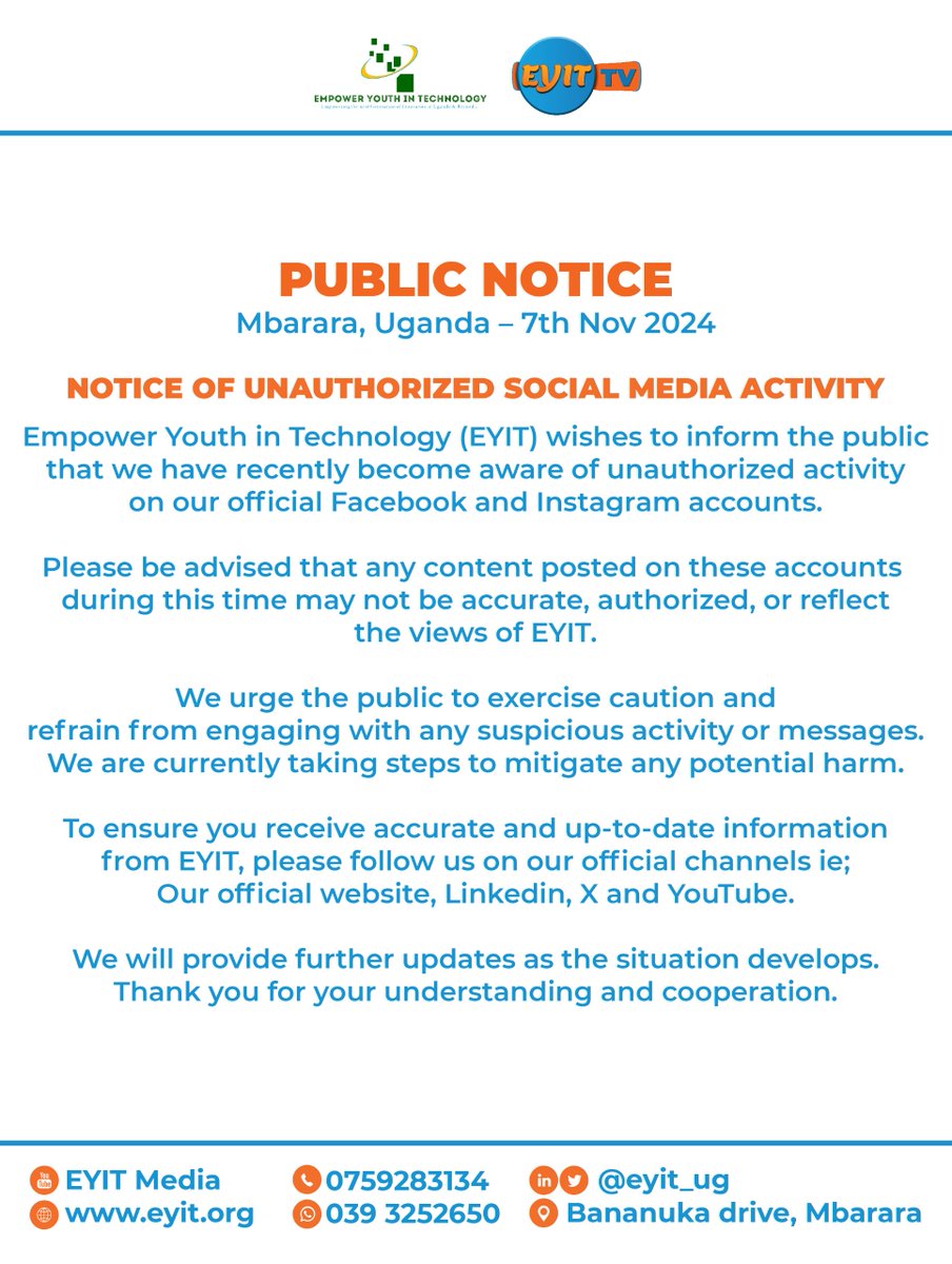 EYIT_TV's tweet image. 🚨 Public Notice: Unauthorized activity detected on EYIT’s Facebook &amp;amp; Instagram. Posts may not reflect our views. Stay cautious &amp;amp; avoid suspicious content. Follow us on our official website, LinkedIn, X, &amp;amp; YouTube for accurate updates. Thank you for your understanding! 🙏 #EYIT