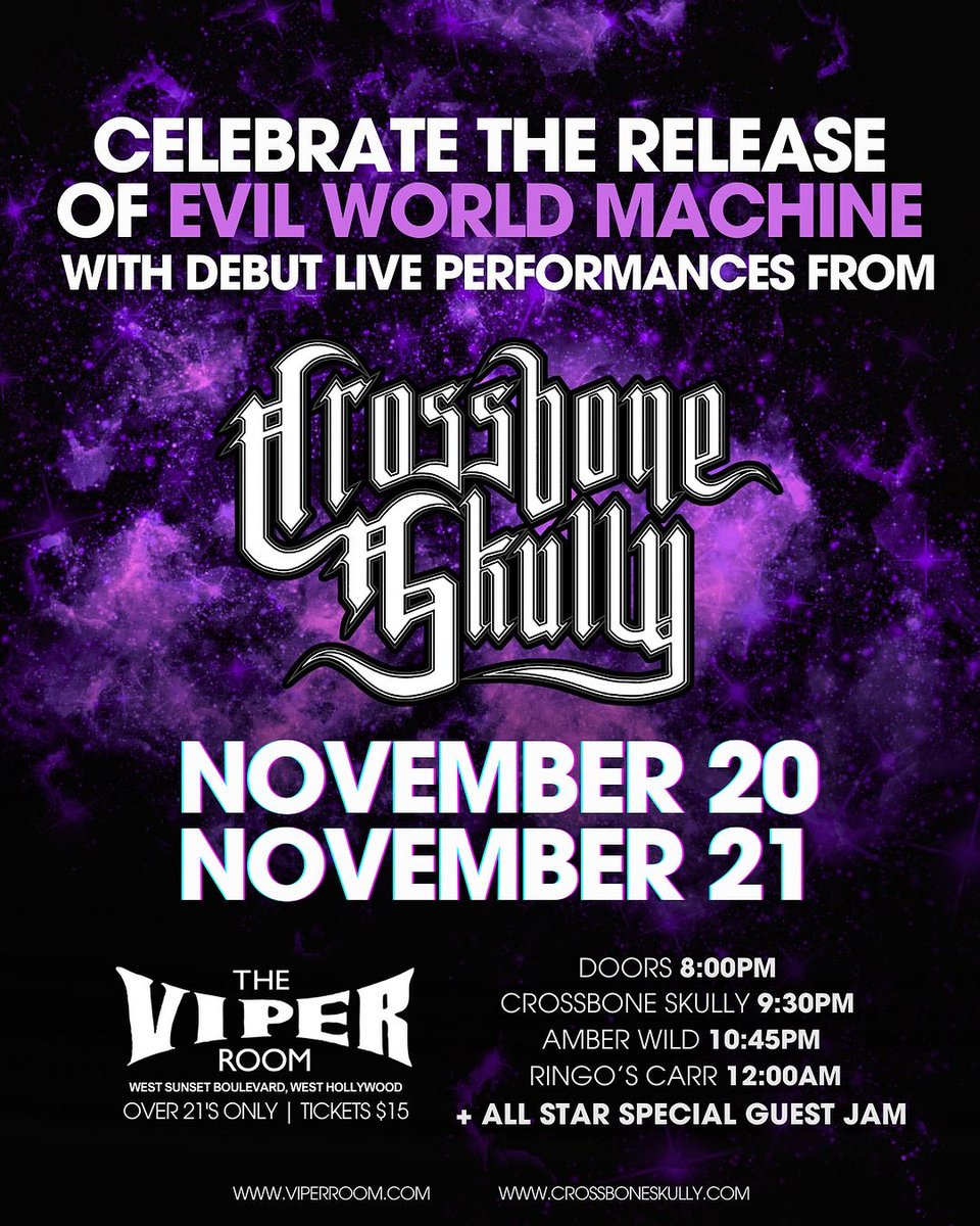 DannellAtchison's tweet photo. 🔥🔥🔥Celebrate the release of #EvilWorldMachine w/debut LIVE performances from @DisVicious1's Band #CrossboneSkully at #theVIPERroom November 20th&21st‼️
Doors 8:00pm  Crossbone Skully 9:30pm  Amber Wild 10:45pm Ringo’s Carr 12:00am Tickets $15 via https://t.co/mWInvoVhcI
'Repost' via crossboneskully on Insta