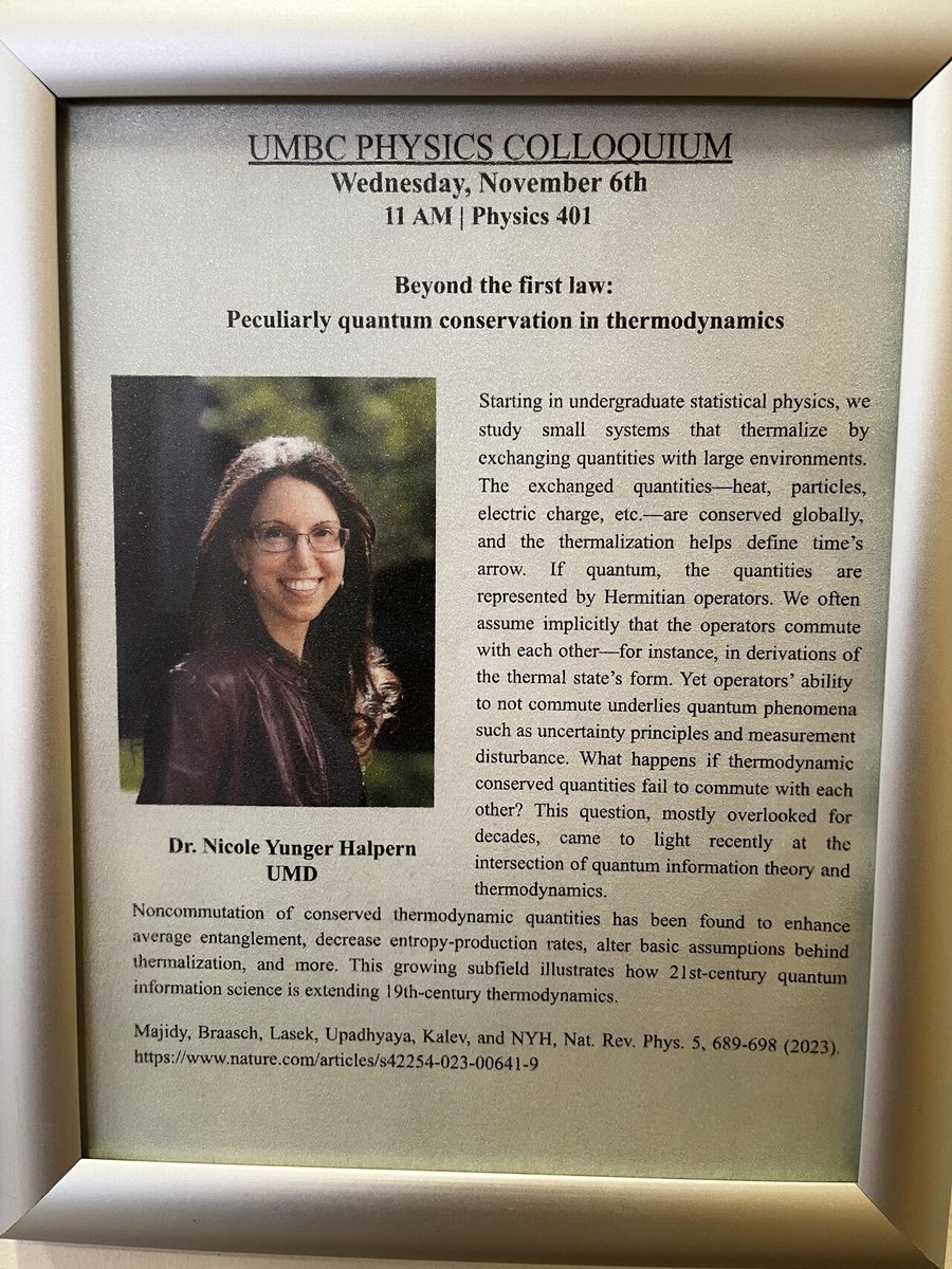 NicoleYunger Halpern (@nicoleyh11) on Twitter photo Thanks to <a href="/quthermo_comp/">Sebastian Deffner</a> & co. <a href="/UMBCPhysics/">UMBC Physics</a> for hosting my colloquium yesterday! Great audience and enjoyable conversations. Thanks to <a href="/quthermo_comp/">Sebastian Deffner</a> & co. <a href="/UMBCPhysics/">UMBC Physics</a> for hosting my colloquium yesterday! Great audience and enjoyable conversations.