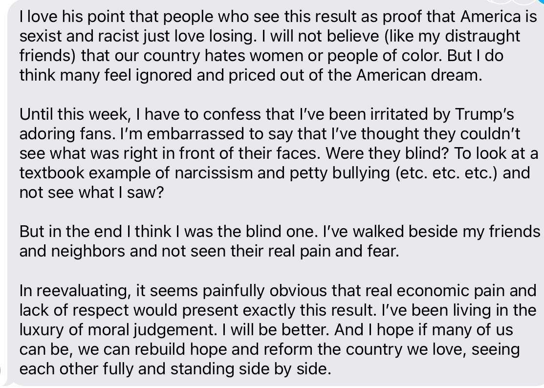 SpencerJCox's tweet image. A beautiful text this morning from a friend who wanted a different outcome this election.