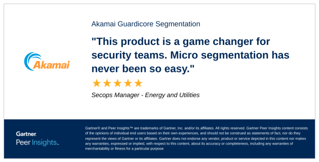 cormier1911's tweet photo. Secops Manager in the Energy and Utilities Industry gives @Akamai Guardicore Segmentation 5/5 Rating in @Gartner_inc Peer Insights™ Microsegmentation Market. Read the full review here: #gartnerpeerinsights https://t.co/YwQwY9YN22 https://t.co/wG8lS4muyI