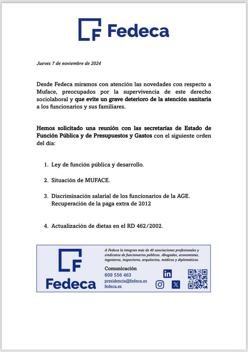 Fedeca (@fedecacentral) on Twitter photo Desde FEDECA hemos solicitado reunión a las Secretarías de Estado de Función Pública y de Presupuestos y Gastos por la situación del concursos de #muface.
Os dejamos ⬇️ nota prensa.
fedeca.es/noticias/noved…
<a href="/SEFPgob/">Secretaría de Estado de Función Pública</a> <a href="/mintradigital/">Ministerio Transformación Digital Función Pública</a> Desde FEDECA hemos solicitado reunión a las Secretarías de Estado de Función Pública y de Presupuestos y Gastos por la situación del concursos de #muface.
Os dejamos ⬇️ nota prensa.
fedeca.es/noticias/noved…
<a href="/SEFPgob/">Secretaría de Estado de Función Pública</a> <a href="/mintradigital/">Ministerio Transformación Digital Función Pública</a>