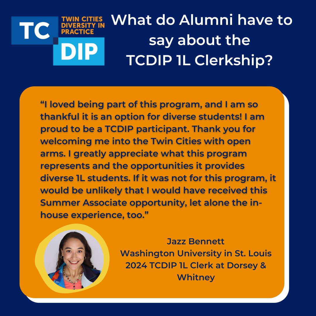 TCDIP's tweet image. Join us on November 13, 12:00-1:30 PM for a webinar introducing the TCDIP 1L Clerkship Program! 

 Mark your calendar and register now: ow.ly/QaNJ50TYmyP