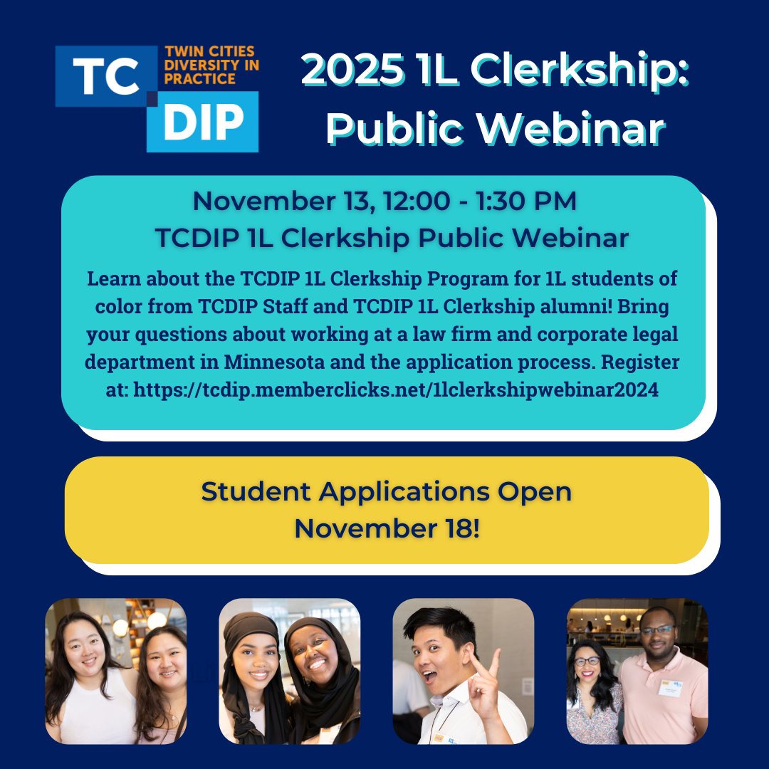 TCDIP's tweet image. Join us on November 13, 12:00-1:30 PM for a webinar introducing the TCDIP 1L Clerkship Program! 

 Mark your calendar and register now: ow.ly/QaNJ50TYmyP