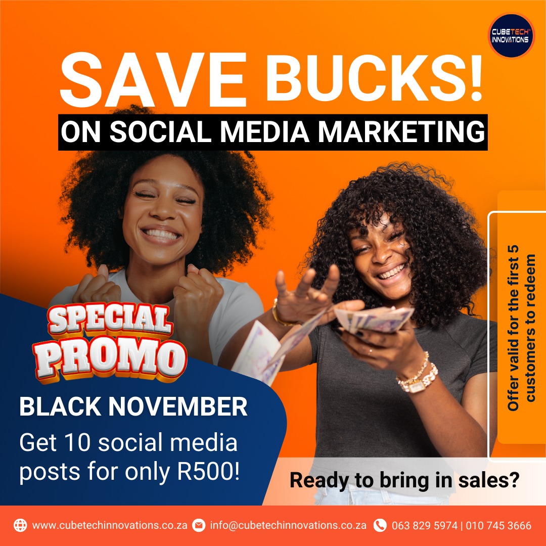 We are offering daily one-time-only deals for the month of November for unbeatable prices.

Call Us: 010 745 3666
WhatsApp us on:+27 63 829 5974
WhatsApp link: wa.me/27638295974
Email: info@cubetechinnovations.co.za
Website: cubetechinnovations.co.za