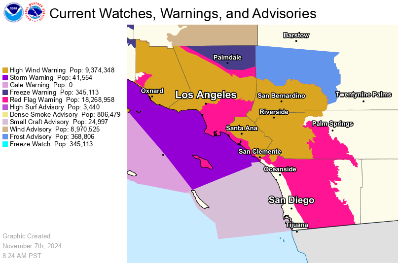 NWSSanDiego's tweet photo. Current weather hazards in effect this morning, continued Red Flag warnings #cawx #socal #santaanawinds https://t.co/BuhhZYpuku