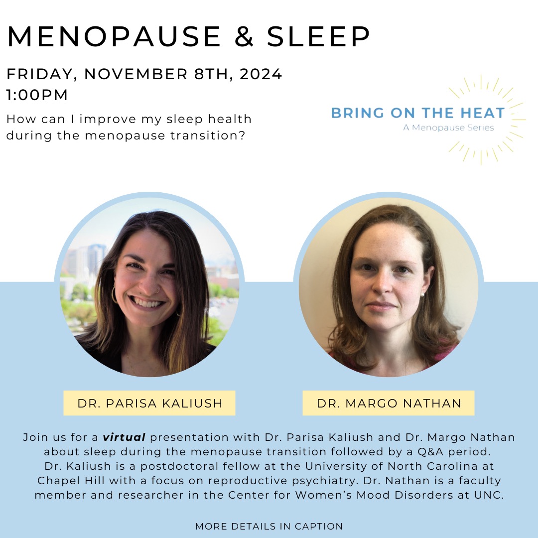 Join us tomorrow at 1PM ET for the next installment of our mid-life women's health series! If you're having trouble sleeping, this one's for you. ❤️
Meeting link: zoom.us/j/96735585965
Join our registry: go.unc.edu/Bi2s6