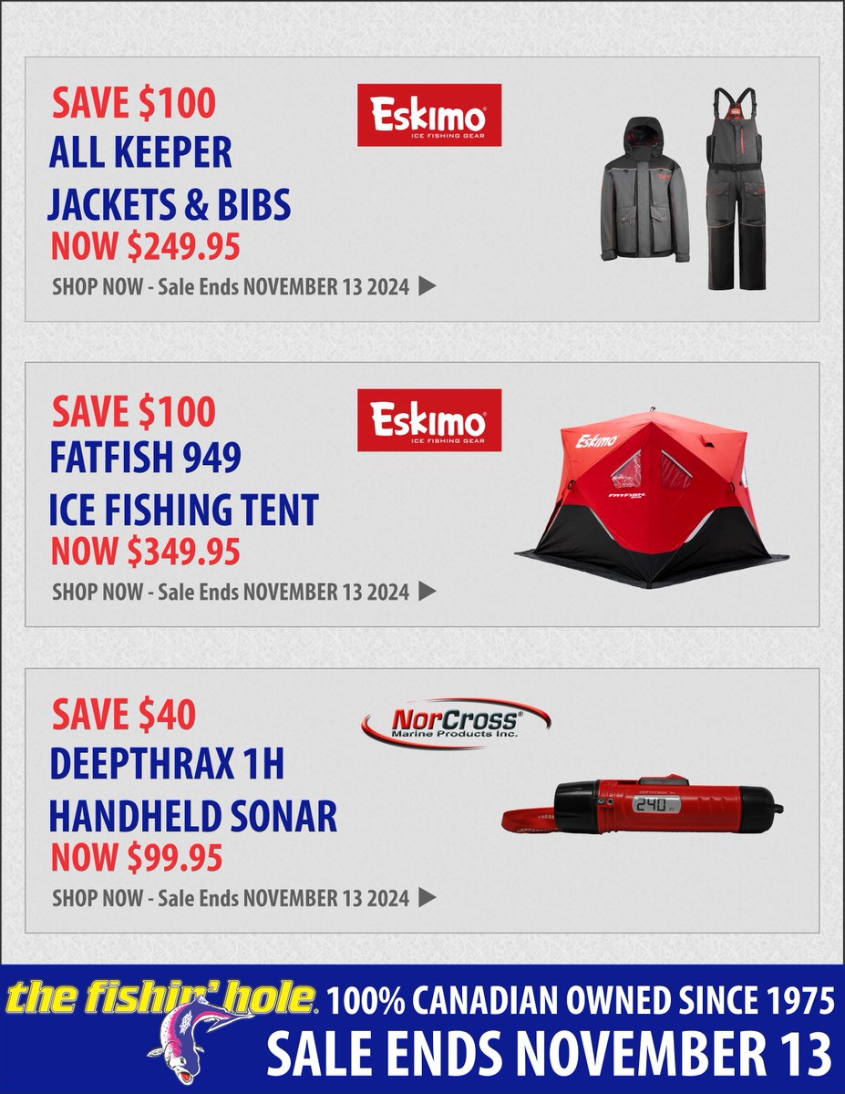 The Fishin' Hole (@thefishinholeca) on Twitter photo Check out these new Weekly Specials 🎣:
All Eskimo Keeper Jackets and Bibs - $100 off - thefishinhole.com/fishing-appare…
Eskimo Fatfish 949 Ice Tent - $100 off - thefishinhole.com/eskimo-fatfish…
Depthtrax 1H Handheld Sonar – $40 off - thefishinhole.com/norcross-marin…
#Fishing #IceFishing #FishingSale Check out these new Weekly Specials 🎣:
All Eskimo Keeper Jackets and Bibs - $100 off - thefishinhole.com/fishing-appare…
Eskimo Fatfish 949 Ice Tent - $100 off - thefishinhole.com/eskimo-fatfish…
Depthtrax 1H Handheld Sonar – $40 off - thefishinhole.com/norcross-marin…
#Fishing #IceFishing #FishingSale