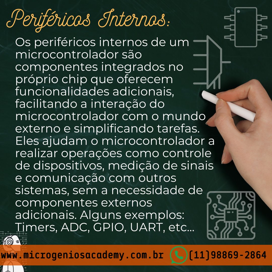 microgenios's tweet photo. Dicionário Técnico Microgenios
O que são os Periféricos Internos dos Microcontroladores?
#microgenios #MicrogeniosAcademy #microcontrolador #IoT #ESP32 #PIC #Arduino #RaspberryPi #LinguagemC #Eletronica #ARMCortex #MCU https://t.co/SQ7UICnsZU