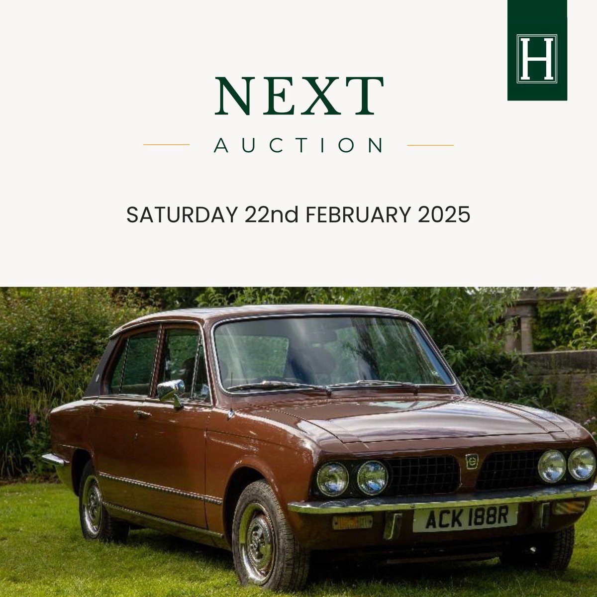 HansonsClassics's tweet photo. Got a car to sell? 🚗
Something sat in the barn?

Entries are now invited for our next Car Auction auction taking place on
SATURDAY 22ND FEB at @BishtonHall 

Take advantage of our low sellers commission at 7.5% plus VAT!

Get in touch today!
📧 consign@hansonsclassics.com https://t.co/77kle82tKe