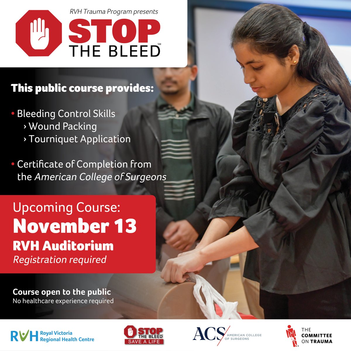 Join us for our next STOP THE BLEED® course! November 13 from 5-7 p.m.
Learn the life-saving skills to control bleeding in emergency situations.🩸No healthcare experience? No worries! Everyone can join! 
Register now ▶️ bit.ly/3Ayb9Uc