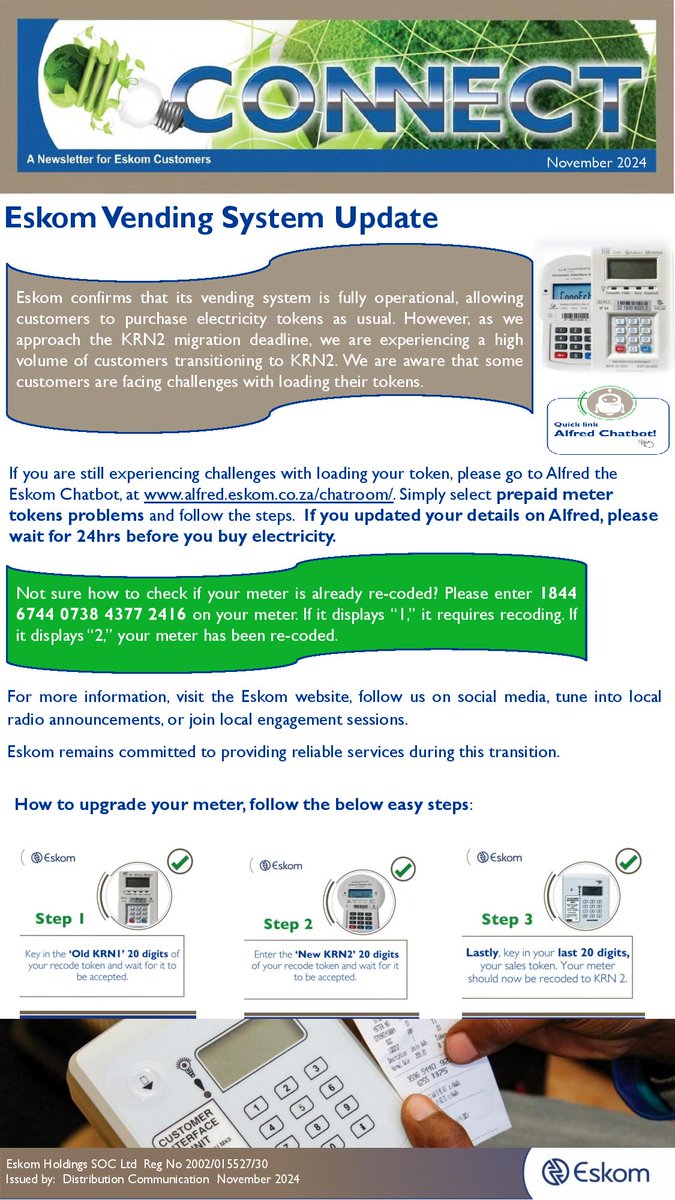 Eskom_SA's tweet photo. #UpdateonVendingSystem
#KRNUpdate

#Eskom Distribution confirms that it's Vending System is fully operational. However, as we approach the KRN2 migration deadline, we are experiencing a high volume of customers transitioning to KRN2, and we are also aware that some customers are facing challenges with loading their tokens. If you are struggling to load your tokens, please go to Alfred the Chatbot ( https://t.co/gEWjKzrPai ) and select Prepaid meter tokens problems and follow the steps.