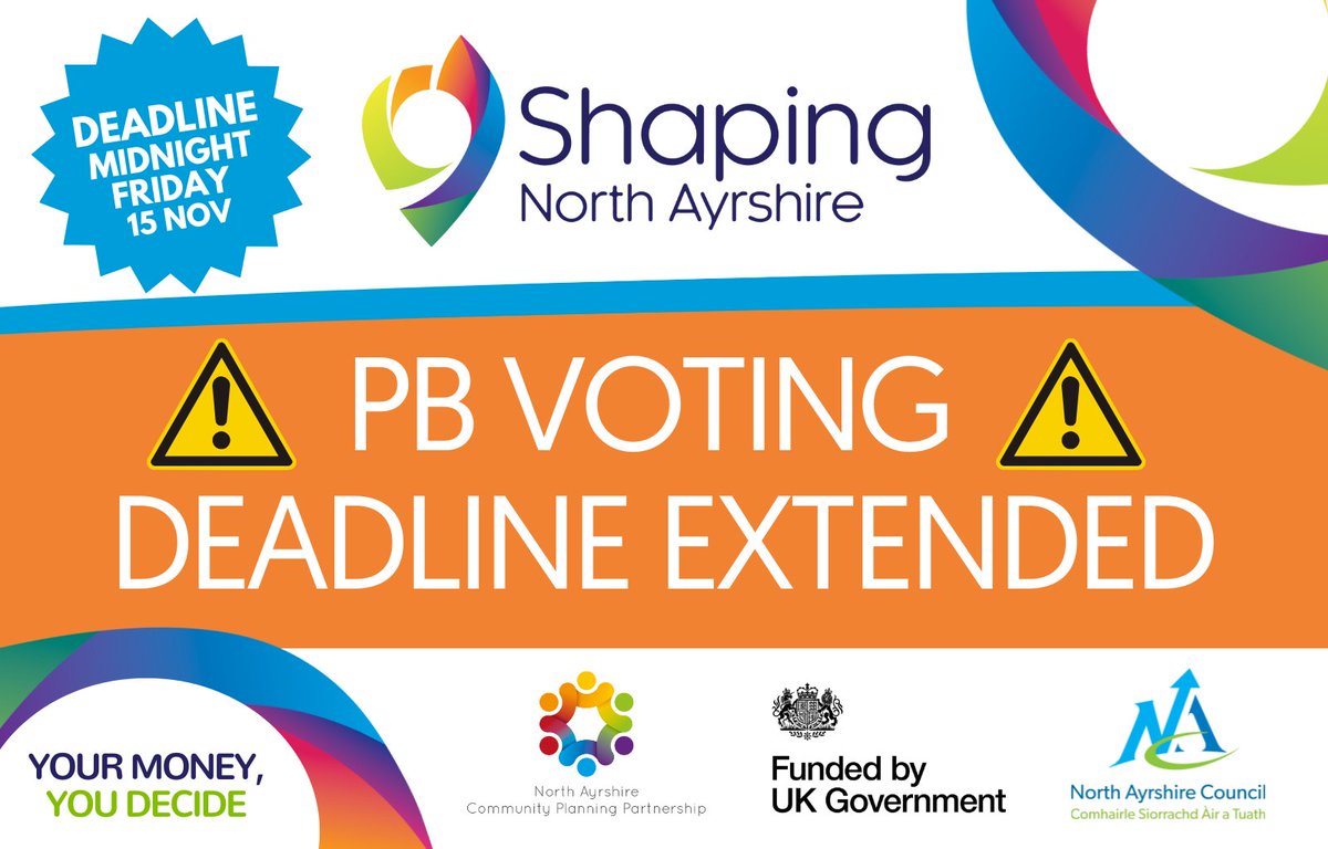 Voting has been extended ⚠️ for our latest round of Participatory Budgeting with up to £171k available for local community groups! 

Do your part by voting now on the Shaping North Ayrshire website: northayrshire.communitychoices.scot Vote before midnight on Friday 15 November. Don't miss