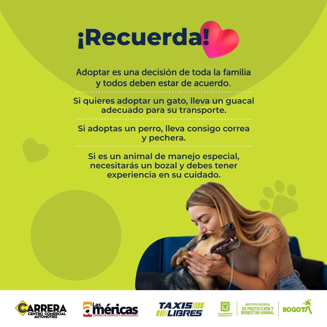 ¡Este SÁBADO 9 DE NOVIEMBRE haz la diferencia y adopta un 🐶😽💕 rescatado!

Ven a la jornada de adopción organizada con <a href="/TaxisLibresCol/">Taxis Libres Colombia</a> y cambia la vida de un animal de compañía.🐾

📍 Av. Américas # 50-15
🕤 9:30 a.m. a 1:30 p.m.

#BogotáMiCiudadMiCasa ama los animales.