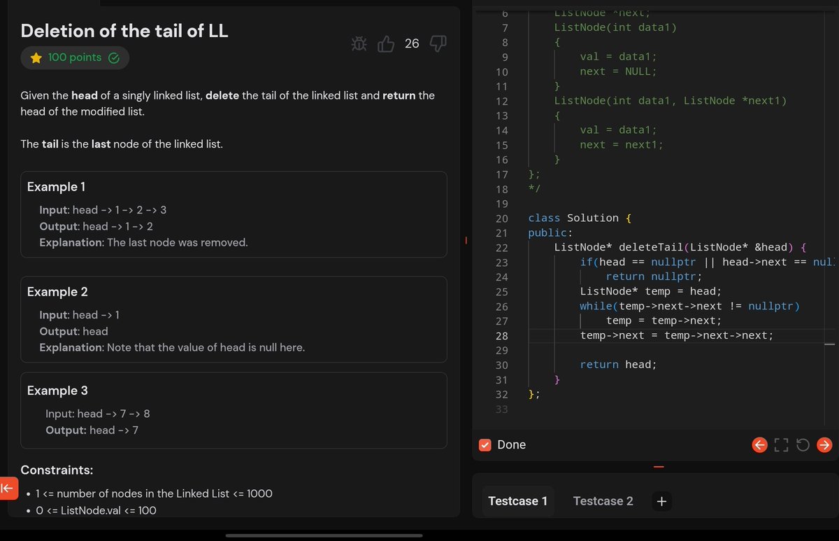 jsambhav5's tweet photo. #Day36 of #100DaysOfDSA
Topics and Learnings: #LinkedList, #2Pointers
Problems Solved:
67. #TUF+ : Deletion of the Tail of LL
Approach: prevTail->next = tail->next
TC: O(1)
SC: O(1)
68. #LeetCode #876 : Middle of the Linked List
Approach: Used #2Pointers
TC: O(1)
SC: O(1) https://t.co/YorXaGVwzm