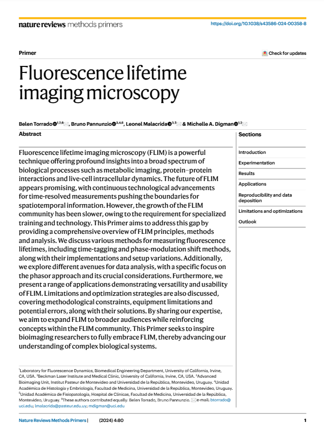 Leonel Malacrida (@malacridalab) on Twitter photo Extremely happy to share this review #FLIM at <a href="/MethodsPrimers/">Nature Reviews Methods Primers</a> in collaboration between #LFD <a href="/michelledigman/">Michelle Digman</a> <a href="/torrado_belen/">Belén Torrado</a> and <a href="/advanced_unit/">Advanced Bioimaging Unit</a> #BrunoPannunzio. Special thanks to editor #NatalieBarnes, who help us to shape this review.
Take a look 👉 rdcu.be/dZqtr Extremely happy to share this review #FLIM at <a href="/MethodsPrimers/">Nature Reviews Methods Primers</a> in collaboration between #LFD <a href="/michelledigman/">Michelle Digman</a> <a href="/torrado_belen/">Belén Torrado</a> and <a href="/advanced_unit/">Advanced Bioimaging Unit</a> #BrunoPannunzio. Special thanks to editor #NatalieBarnes, who help us to shape this review.
Take a look 👉 rdcu.be/dZqtr