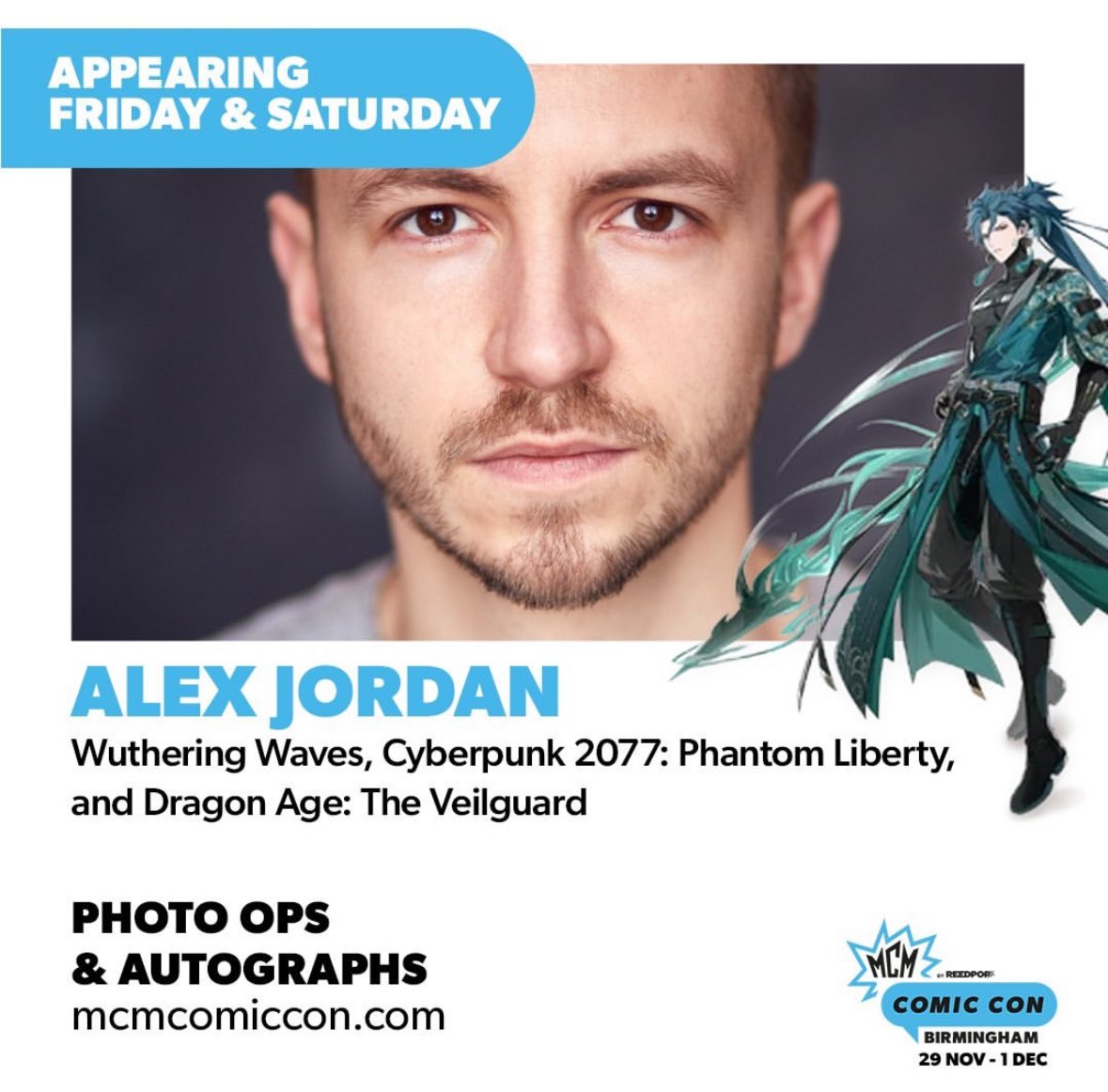 AlexJordanVO's tweet photo. Heading to Birmingham Comic Con?
I’ll be there Friday 29th &amp; Saturday 30th Nov.

Come say hi to Shai and myself!

#WuWa #Cyberpunk #DragonAge https://t.co/4EscSUngsF