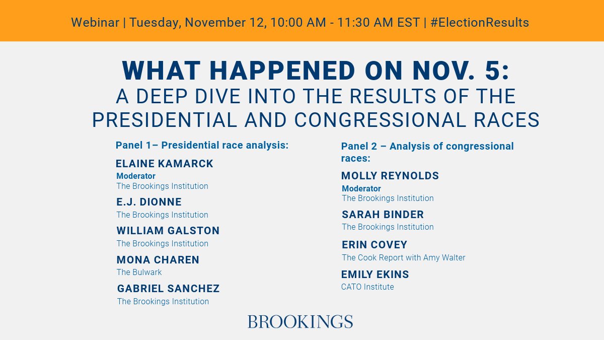 BrookingsGov's tweet photo. Join us on November 12 as election experts discuss state-by-state outcomes, voter turnout trends, election administration, and the implications of the 119th congressional election results on future public policy implementation.

RSVP here: https://t.co/TRbPZVxb6J