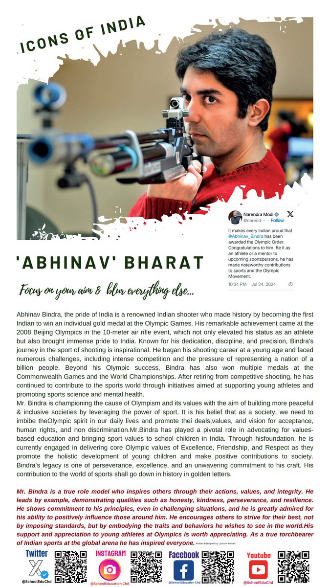 Department of School Education, Chandigarh (@schooleduchd) on Twitter photo A role model is much more than just someone others want to imitate. Role models embody the values, attitudes and behaviors that we admire and aspire to emulate. <a href="/SchoolEduChd/">Department of School Education, Chandigarh</a> we have started a new segment where our students get to know about #IconsOfIndia . <a href="/Abhinav_Bindra/">Abhinav A. Bindra OLY</a> is the A role model is much more than just someone others want to imitate. Role models embody the values, attitudes and behaviors that we admire and aspire to emulate. <a href="/SchoolEduChd/">Department of School Education, Chandigarh</a> we have started a new segment where our students get to know about #IconsOfIndia . <a href="/Abhinav_Bindra/">Abhinav A. Bindra OLY</a> is the
