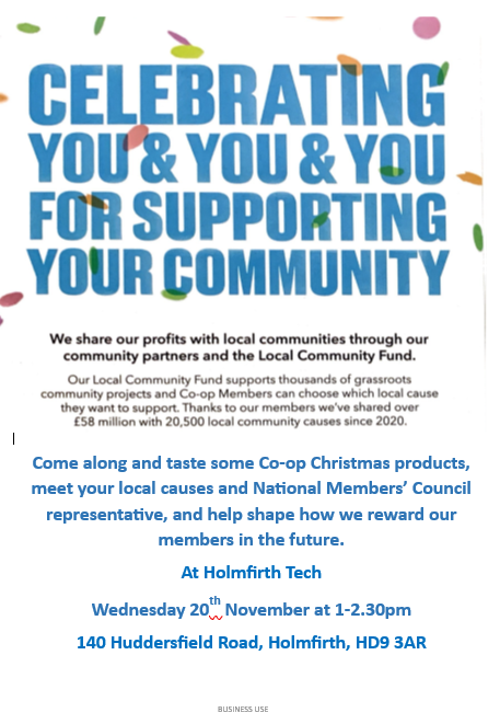 RcmCoop (@rcmcoop) on Twitter photo Join us at <a href="/Holmfirth_Tech/">Holmfirth Tech</a> on Wednesday 20th November at 1pm and try some festive Co-op products and meet your Local Community Fund causes. Join us at <a href="/Holmfirth_Tech/">Holmfirth Tech</a> on Wednesday 20th November at 1pm and try some festive Co-op products and meet your Local Community Fund causes.