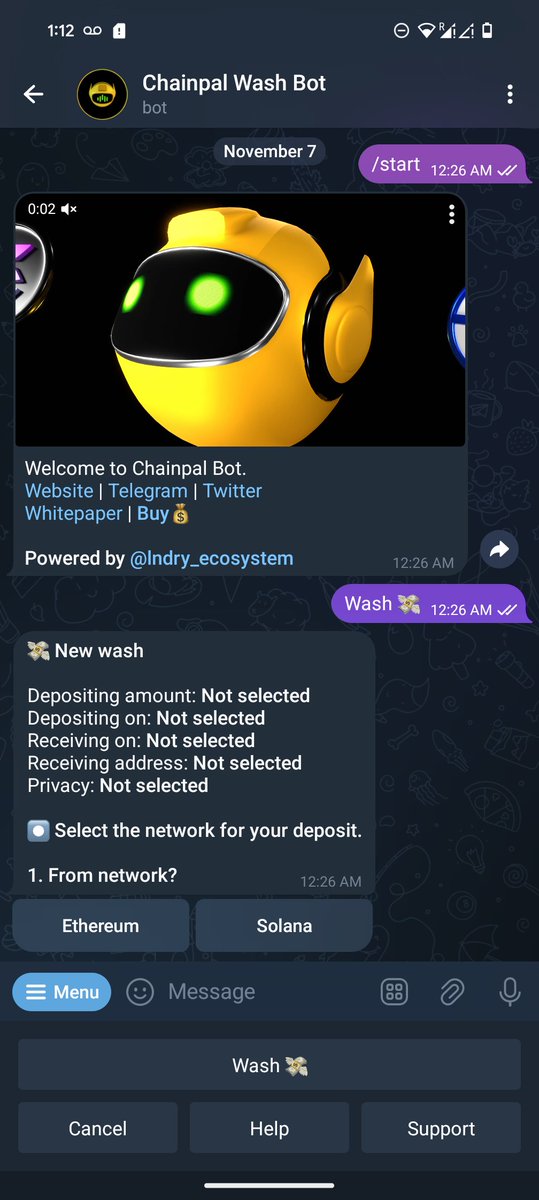 We have implemented a Privacy bot powered by LNDRY as part of our ecosystem for privacy 🔏 

Now you can wash and mix SOL and ETH right from the t.me/ChainpalWashBot.

🌀🤖