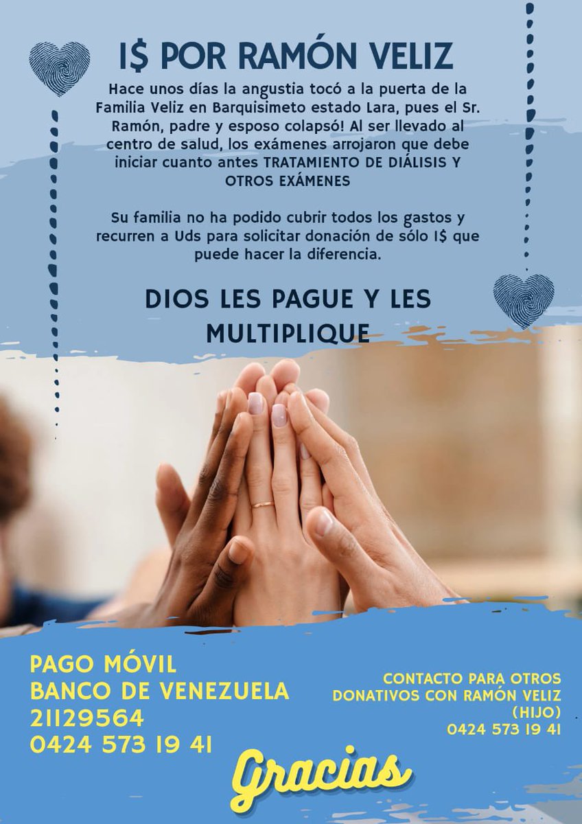 Les pido ayuda para el papá de nuestro amigo y colega <a href="/RamonVeliz/">Ramón Véliz Periodista</a> el señor Ramón fue diagnosticado con insuficiencia renal, es diabético y se encuentra hospitalizado en Barquisimeto. Su familia necesita una mano amiga para cubrir los gastos, les dejo los datos aquí 🙏