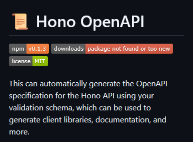 MathurAditya7's tweet image. Introducing 📜Hono OpenAPI

Effortlessly generate OpenAPI specs for your @honojs APIs using validation schemas.

- Supports Zod (TypeBox &amp;amp; Valibot coming soon)
- Seamless setup &amp;amp; easy route descriptions

Feedback &amp;amp; contributions are welcome! 🌟