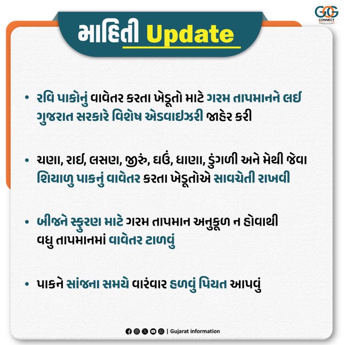 DDOBOTAD's tweet image. રવિ પાકોનું વાવેતર કરતા ખેડૂતો માટે ગરમ તાપમાનને લઈ ગુજરાત સરકારે વિશેષ એડવાઇઝરી જાહેર કરી...
@CMOguj #Advisory #ImportantNotification #ProPeople #GujaratSarkar #GujaratGovernment #Agriculture #Gujarat @InfoGujarat