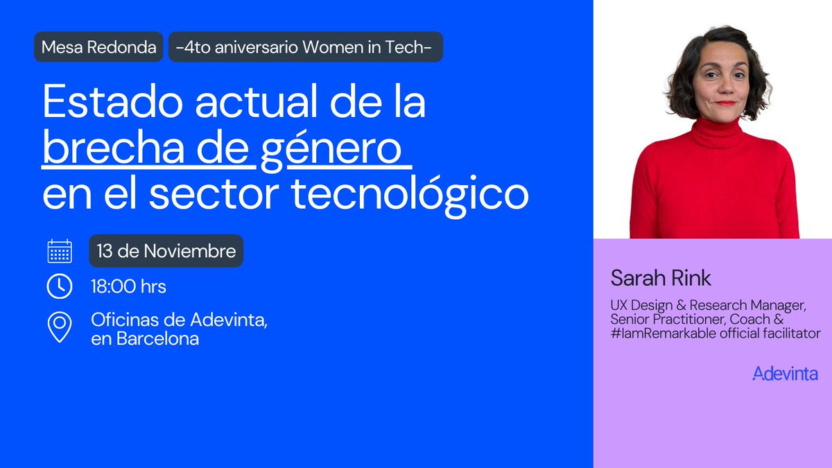 🎉 El 13 de noviembre, <a href="/saritarink/">Sarah Rink at home</a> en el cuarto aniversario de la comunidad #WomenInTech de <a href="/Adevinta/">Adevinta</a>

💡 Compartirá su experiencia junto a un panel de expertas que profundizarán en el presente de las #mujeres en el sector #tech.

¡Te esperamos! 💪
meetup.com/adevinta/event…