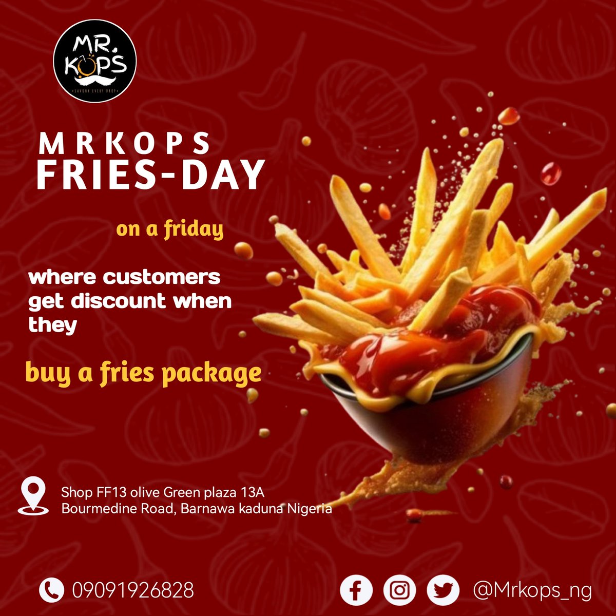 Mrkops_ng's tweet photo. Fries-day on a Friday where customers get discount when they buy a fries package
#mrkops #fastfood
#order https://t.co/tFQEhyTTUq