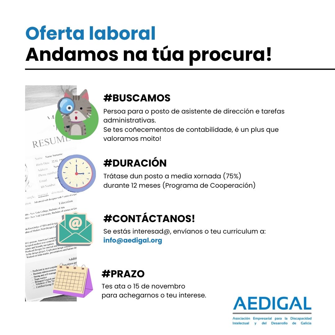 Aedigal_'s tweet photo. Andamos na procura de novo persoal!
Se estás interesad@ en unirte ao noso equipo, non o dubides e achéganos o teu curriculum! 
Tes de prazo para facelo ata o 15 de novembro ⬇ https://t.co/QpXSwCUPGS