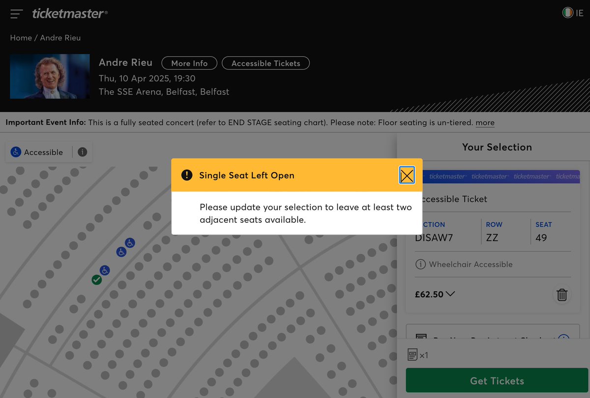 I was looking at buying some tickets on <a href="/TicketmasterIre/">Ticketmaster Ireland</a>   to see <a href="/andrerieu/">André Rieu</a> perform at the <a href="/SSEBelfastArena/">The SSE Arena, Belfast</a> but I'm disappointed that they don’t offer complementary Essential Companion tickets like many others do. #accessibility #wheelchair  #spinalcordinjury