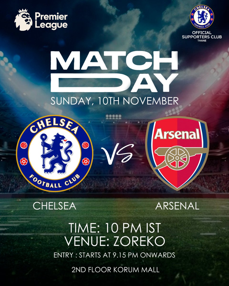 Chelsea vs Arsenal Screening 🚨

It's the Gunners again, and The Blues are out for revenge after our last clash! This is a brand new Chelsea and we're ready to fight 🔵

Registration Mandatory - Please register using the link : forms.gle/3Hi7zHRNhQT5d6…

#ChelseaFC #ThaneBlues #CTB