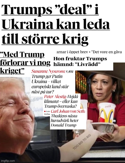 WORKING CLASS HERO

Svensk gammelmedia har verkligen ett bona fide meltdown kring Trump just nu. Tredje världskriget är nära! Arktis krymper med 50%! Svarta kommer att börja bussas till gaskamrar! Elon Musk är Goebbels! Joe Rogan är skinhead!

Givetvis ingen oväntad reaktion.