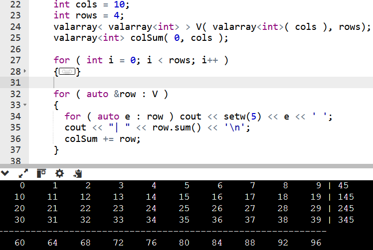 VladimirPr69213's tweet image. #cpp #data_types std::valarray is amazing. So simple code to calculate sum over rows and columns in 2D matrix