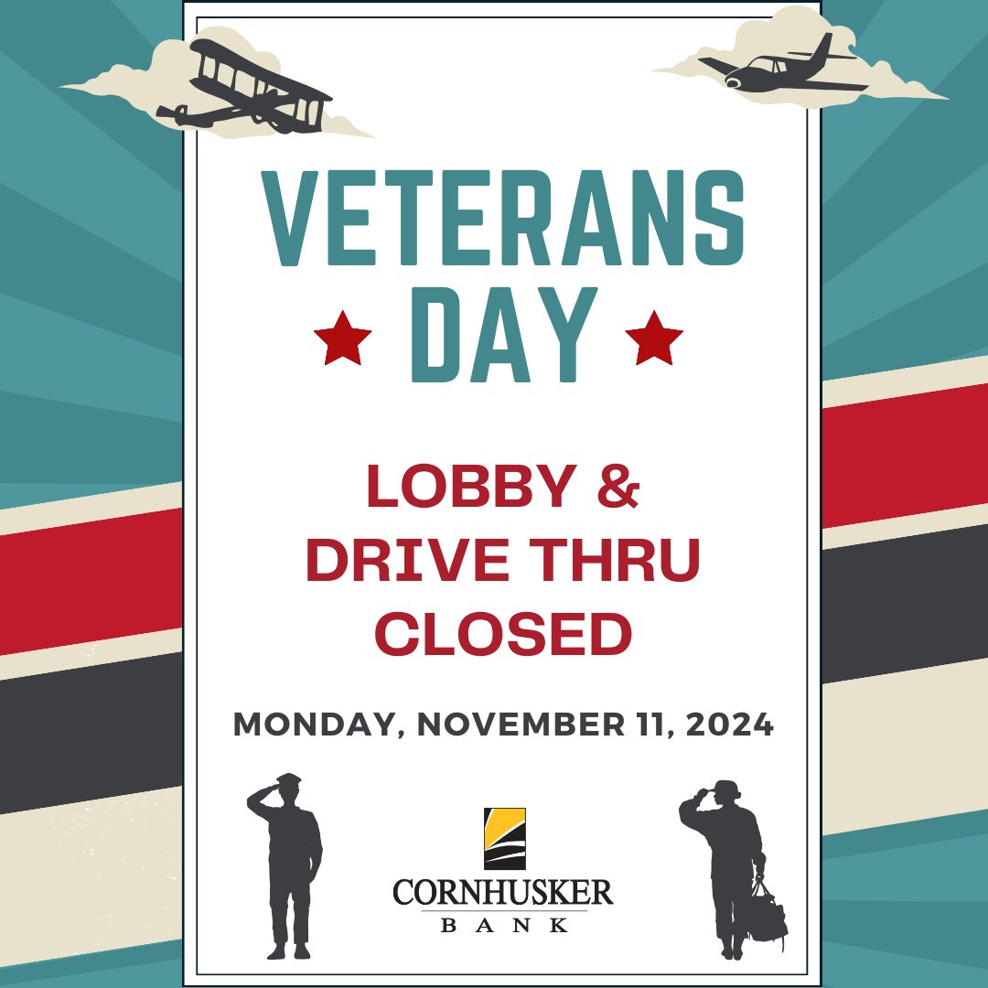 All bank locations will be closed on Monday, November 11th in observance of Veterans Day.

Thank you to all veterans for your service!