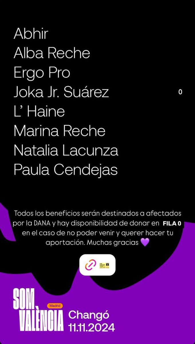 🧡 SOM VALÈNCIA 🧡

Alba y Marina se unen a la iniciativa de los conciertos solidarios en salas de España para ayudar a los afectados por la DANA organizada por Som València. Sala Changó el 11/11 en Madrid, a las 20:00.

🎫 Entradas ya a la venta en: dice.fm/event/avndvq-s…