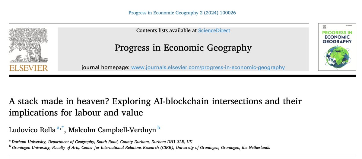 💡New Open Access Alert!
"A stack made in heaven? Exploring AI-blockchain intersections and their implications for labour and value" by Ludovico Rella and Malcolm Campbell-Verduyn 
↪️
sciencedirect.com/science/articl…
