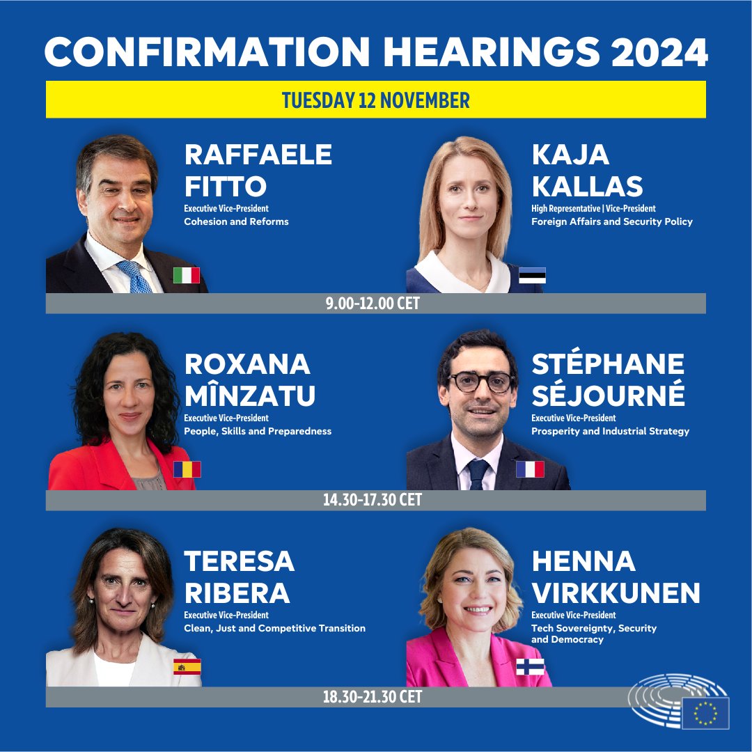 Another day of hearings. Today, Parliament will question six commissioner candidates for the new European Commission.

For more information, including streaming links, visit: europa.eu/!N3WGbP