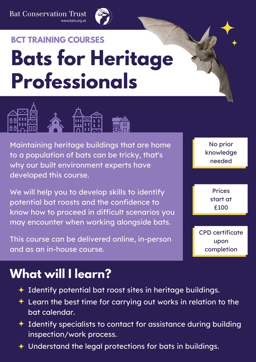 Are you ready to learn how to work alongside #bats in #HeritageBuildings?  Book on our Bats for Heritage Professionals course: Online, over 2 afternoons on 26 Nov + 3 Dec:  buff.ly/3NTJsba 📷 Hugh Clark