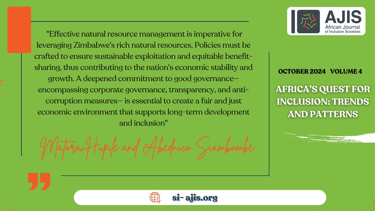 How can Zimbabwe unlock its natural wealth sustainably? Join <a href="/ImranHupile/">Matora Hupile</a> and <a href="/abednico_s/">Abednico Siambombe</a> as they call for smart policies and good governance to ensure everyone benefits! 

Read more: doi.org/10.59186/SI.4U…
#sustainabledevelopment 
#smartpolicies 
#goodgovernance