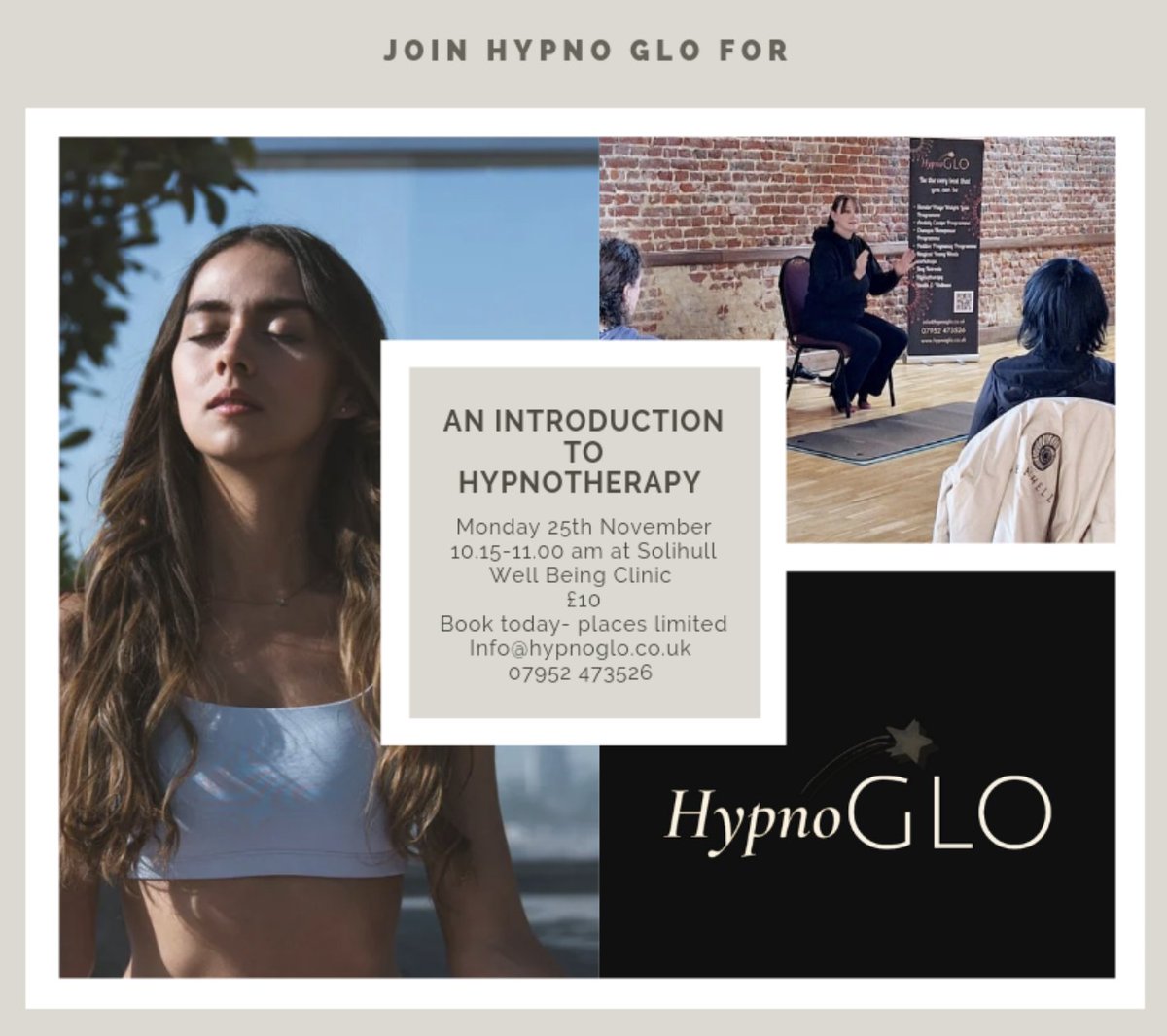 Ever wondered what hypnotherapy is, and how it can help with emotions, mental health and habits you are struggling to change?  Join a Hypnotherapy Taster Session on 25.11.24.  
#solihullwellbeingclinic #hypnotherapy #bettermentalhealth