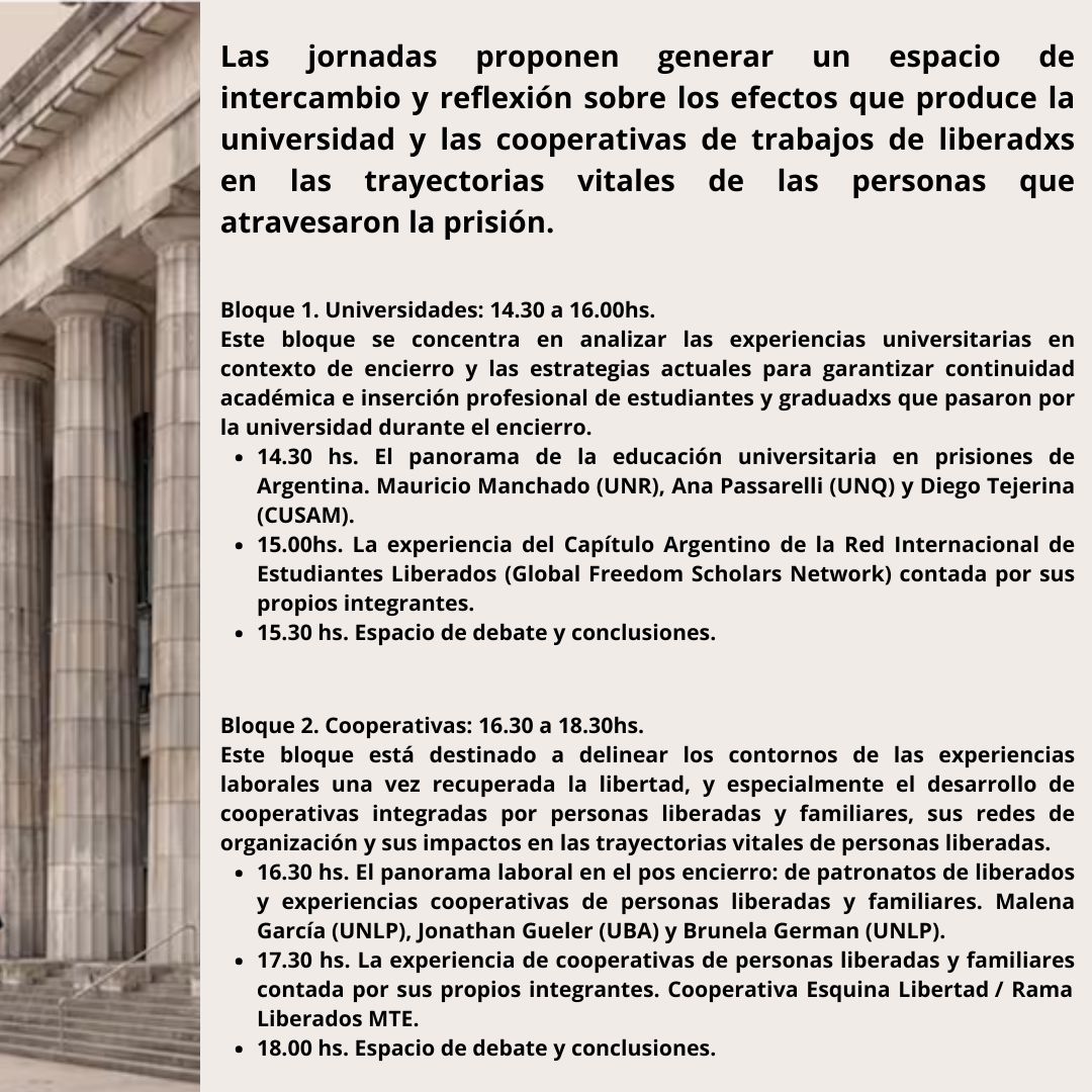 ‼️ Cárcel, universidad y cooperativas.  Post encierro como espacio de producción y conocimiento

🗓️13 de noviembre de 2024
 
🕝14.30 hs a 18.30 hs  

📍Salón Vélez Sarsfield, Facultad de Derecho, Universidad de Buenos Aires.

¡Lxs esperamos!