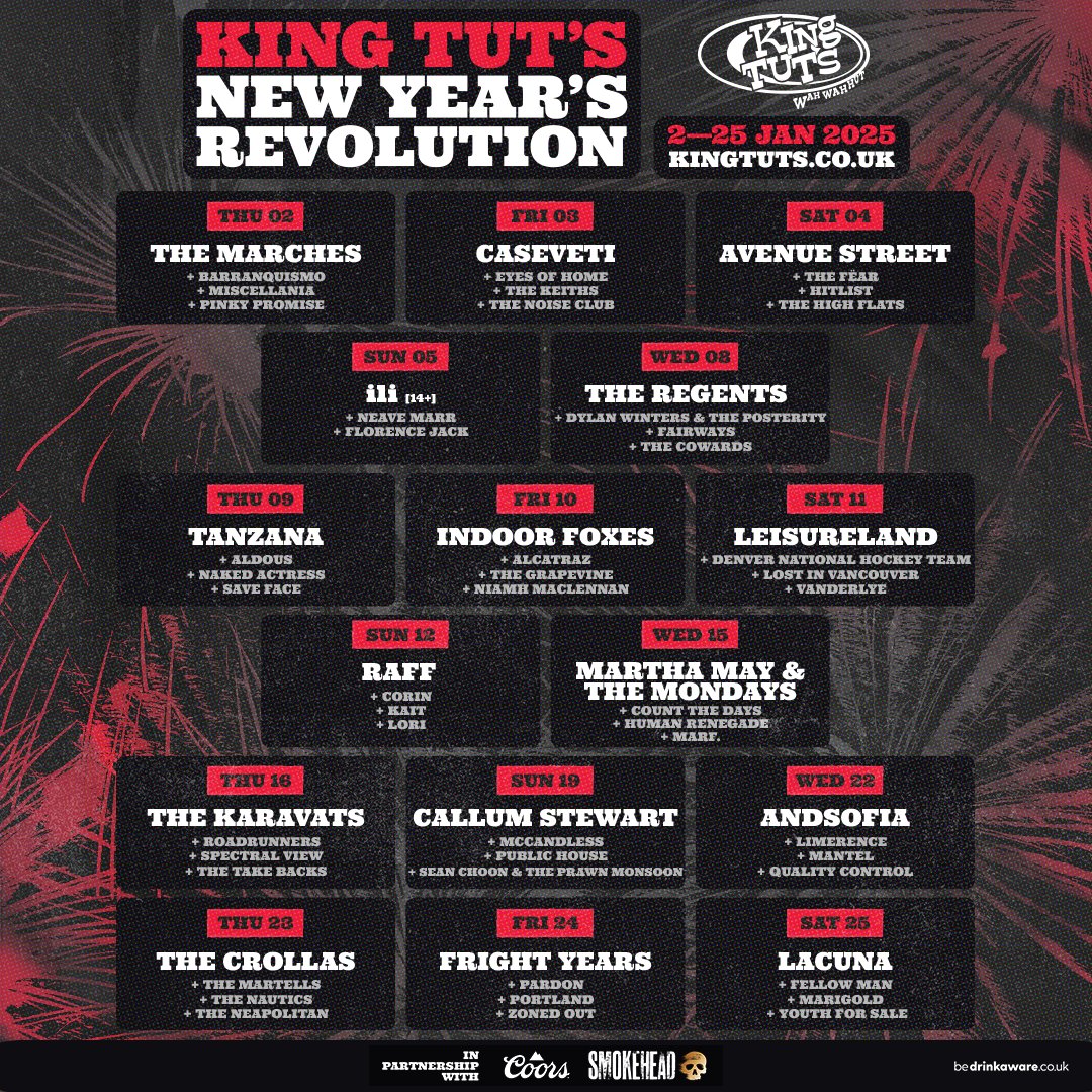 .<a href="/kingtuts/">King Tut's Wah Wah Hut</a> have just announced their lineup for New Year's Revolution 2025 and it's jam packed with over 60 of the best new local artists!

Tickets are on sale now 💥

Get yours here ⇾ ktwwh.co/ktnyr25