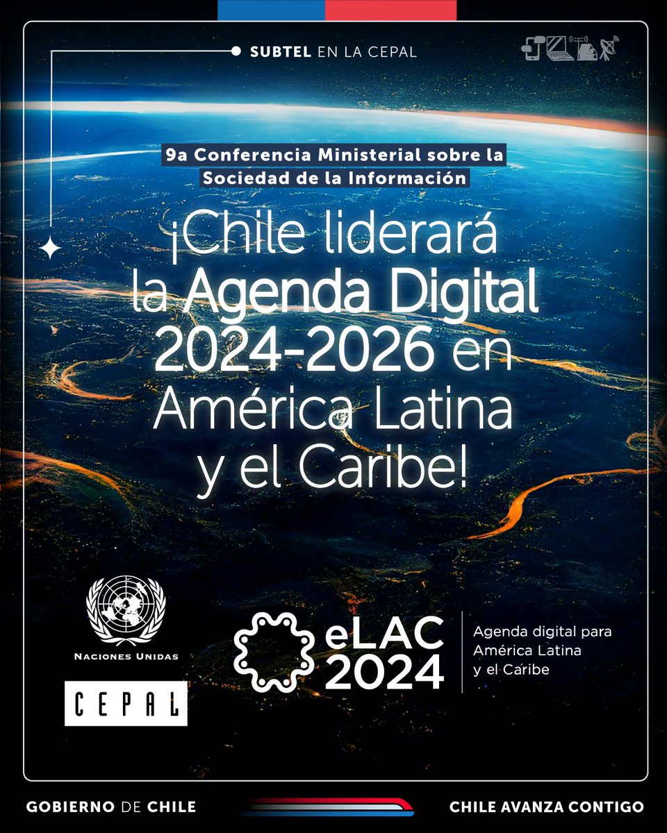 subtel_chile's tweet photo. ¡Chile en el epicentro de la Agenda Digital! 💪📡Desde hoy, nuestro país asume la presidencia de la 9a Conferencia Ministerial sobre la Sociedad de la Información 2024-2026 en América Latina y el Caribe. https://t.co/yVn4AHWdNS