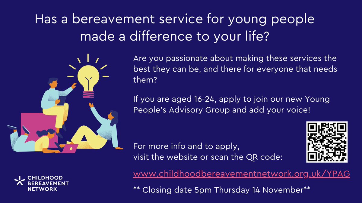 endfuneralpov's tweet photo. Know a young person who’s used a child bereavement service and wants to have their say? Our friends @CBNtweets are setting up a new UK Young People’s Advisory Group!

Find out more at: https://t.co/dStt9XY6iw
Applications close 14 Nov. https://t.co/GDv4VZBLyc