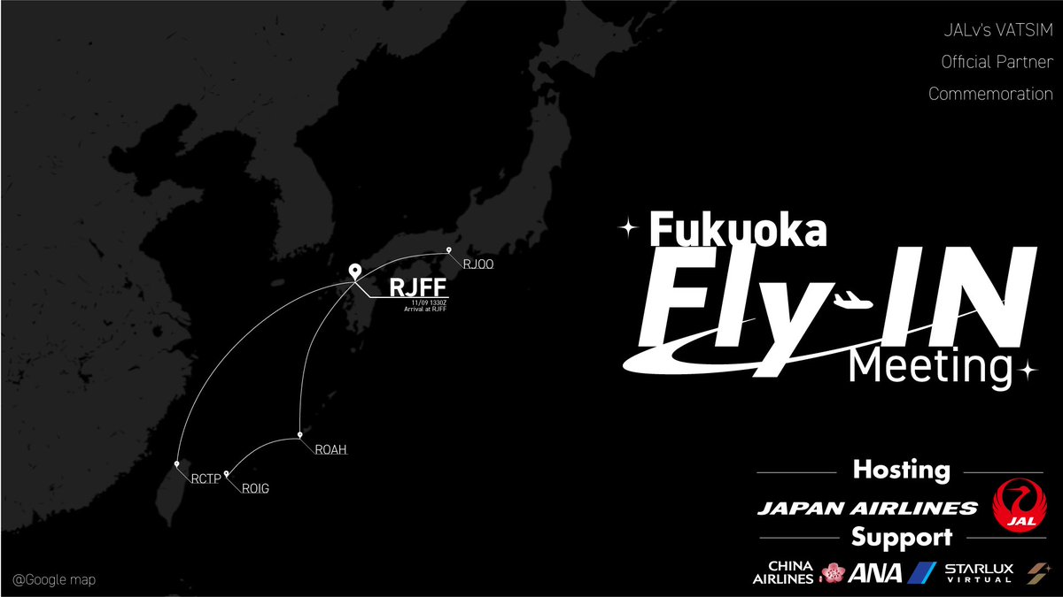 JapanAirVirtual's tweet photo. Join us on #VATSIM for “FUKUOKA Fly-IN Meeting” hosted by #JALv ,with support from #ANAv , #CALv , and #SJXv ! Scheduled for Nov 9th, with all flights arriving at #Fukuoka ( #RJFF ) by 22:30 JST (1330Z).
•JALv: ROIG - ROAH - RJFF
•ANAv: RJOO - RJFF
•CALv &amp; SJXv: RCTP - RJFF https://t.co/VGRJvDpooS