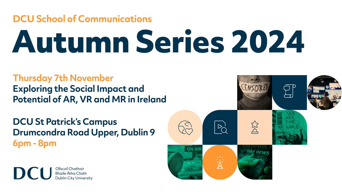 Faculty of Humanities & Social Sciences @ DCU (@humanitiesdcu) on Twitter photo ⌛️It's your last chance to register for this evening's <a href="/DCU_SoC/">School of Comms DCU</a> public seminar. First up is Dr Marcos Dias 'Exploring the Social Impact & Potential of AR, VR & MR in Ireland'
🔗dcu.ie/communications…
Time: 6-8pm, 7 Nov
Venue: Seamus Heaney Lecture Theatre, St. Patrick's Campus ⌛️It's your last chance to register for this evening's <a href="/DCU_SoC/">School of Comms DCU</a> public seminar. First up is Dr Marcos Dias 'Exploring the Social Impact & Potential of AR, VR & MR in Ireland'
🔗dcu.ie/communications…
Time: 6-8pm, 7 Nov
Venue: Seamus Heaney Lecture Theatre, St. Patrick's Campus