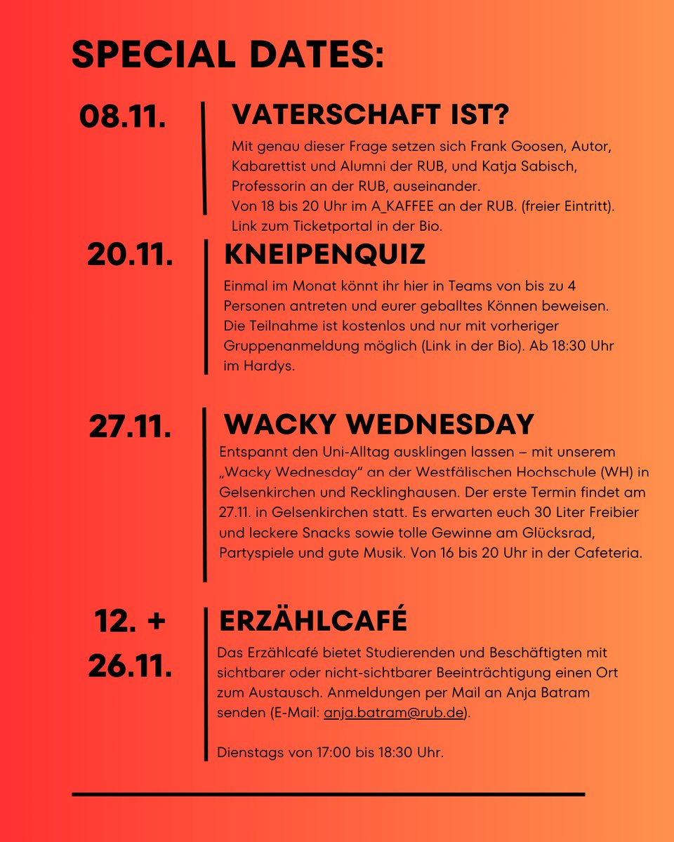 AKAFÖ (@akafoe) on Twitter photo Auch im November sind wir mit unseren Veranstaltungen am Start. Hier habt ihr einen Überblick.🙌
ℹ️ 
Jeden Dienstag: Sprachcafé
Jeden Donnerstag: Thirsty Thursday
Jeden Freitag: Q's Cocktail Night
20.11.: Kneipenquiz
8.11.: Vaterschaft ist? Auch im November sind wir mit unseren Veranstaltungen am Start. Hier habt ihr einen Überblick.🙌
ℹ️ 
Jeden Dienstag: Sprachcafé
Jeden Donnerstag: Thirsty Thursday
Jeden Freitag: Q's Cocktail Night
20.11.: Kneipenquiz
8.11.: Vaterschaft ist?