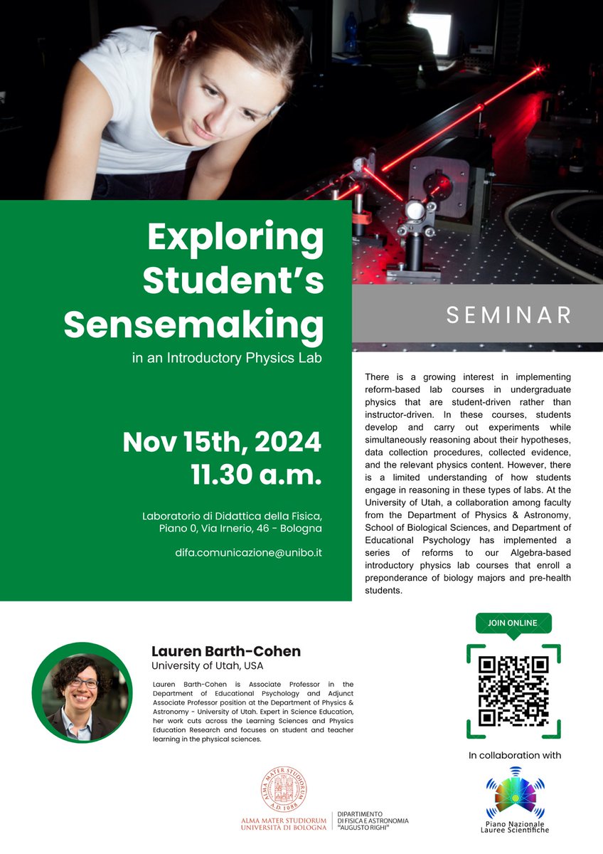 📢Save the date! November 15th, at 11.30 am (CET). Both in presence and online, professor Lauren Barth-Cohen with exploring student’s sensemaking.